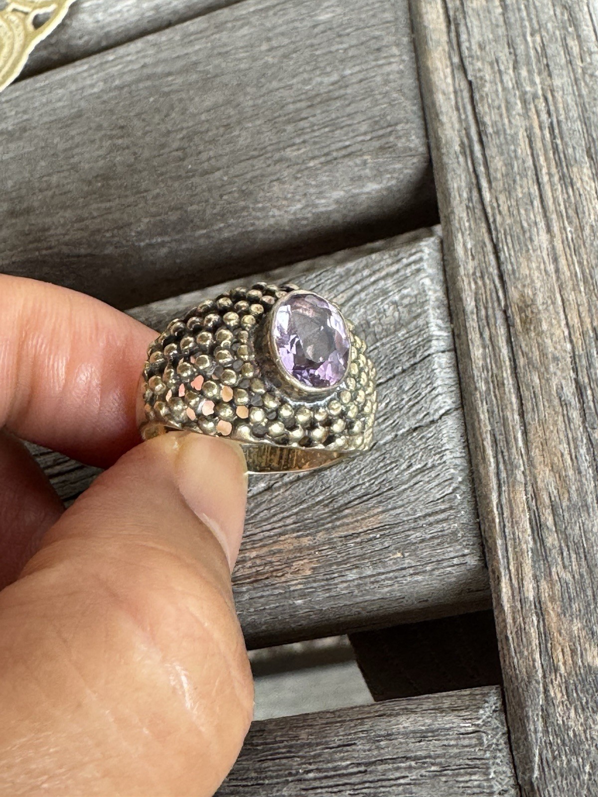 VINTAGE DECO AMETHYST STERLING Gold Over STERLING SILVER RING Sz 7.5 Signed NF