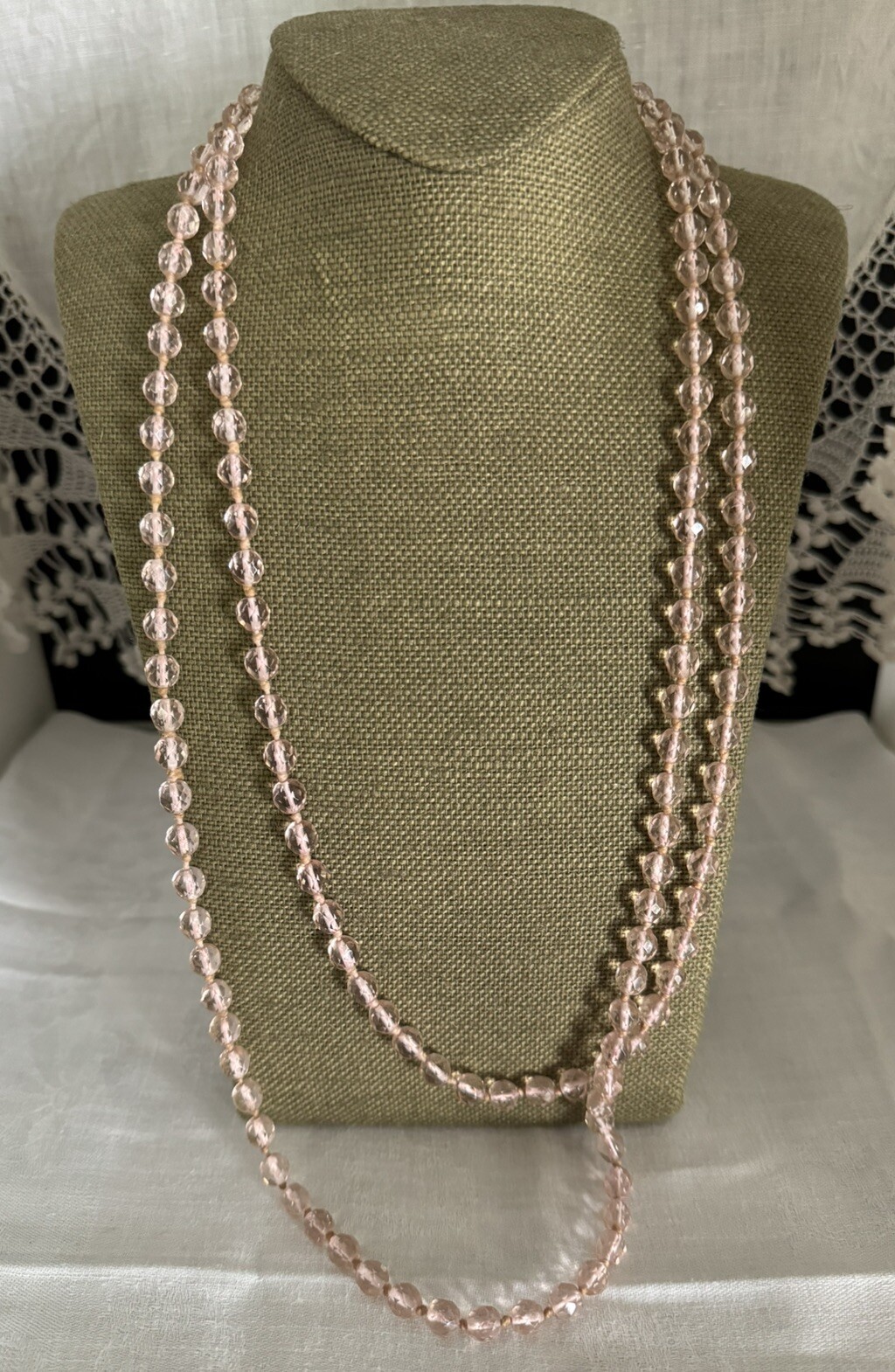 Vintage 30’s No Clasp Hand Knotted Art Deco Pink Crystal Necklace