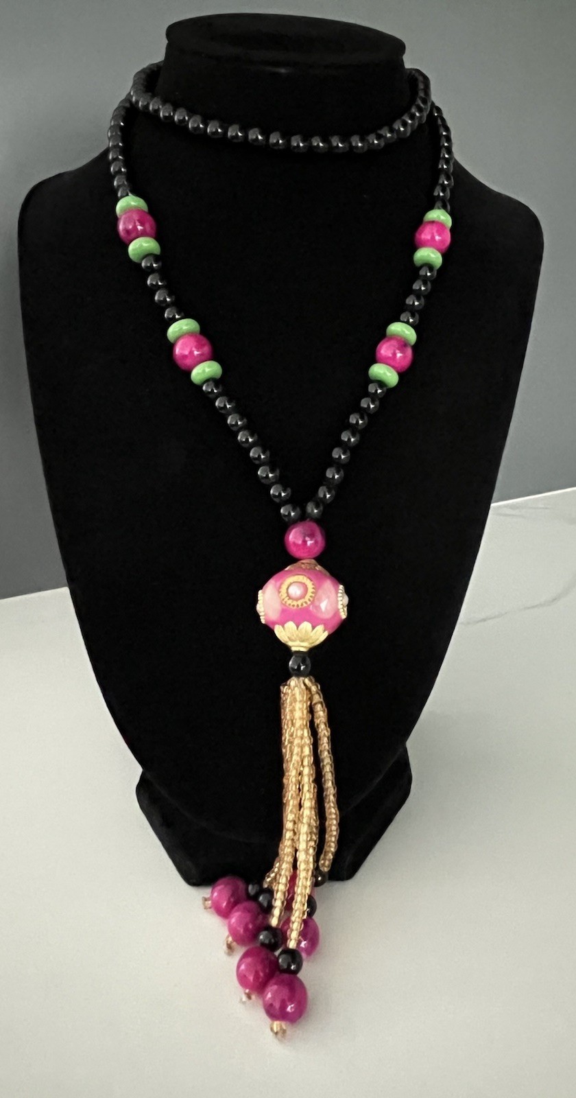 Vintage Long Handmade Glass Beaded Statement Necklace