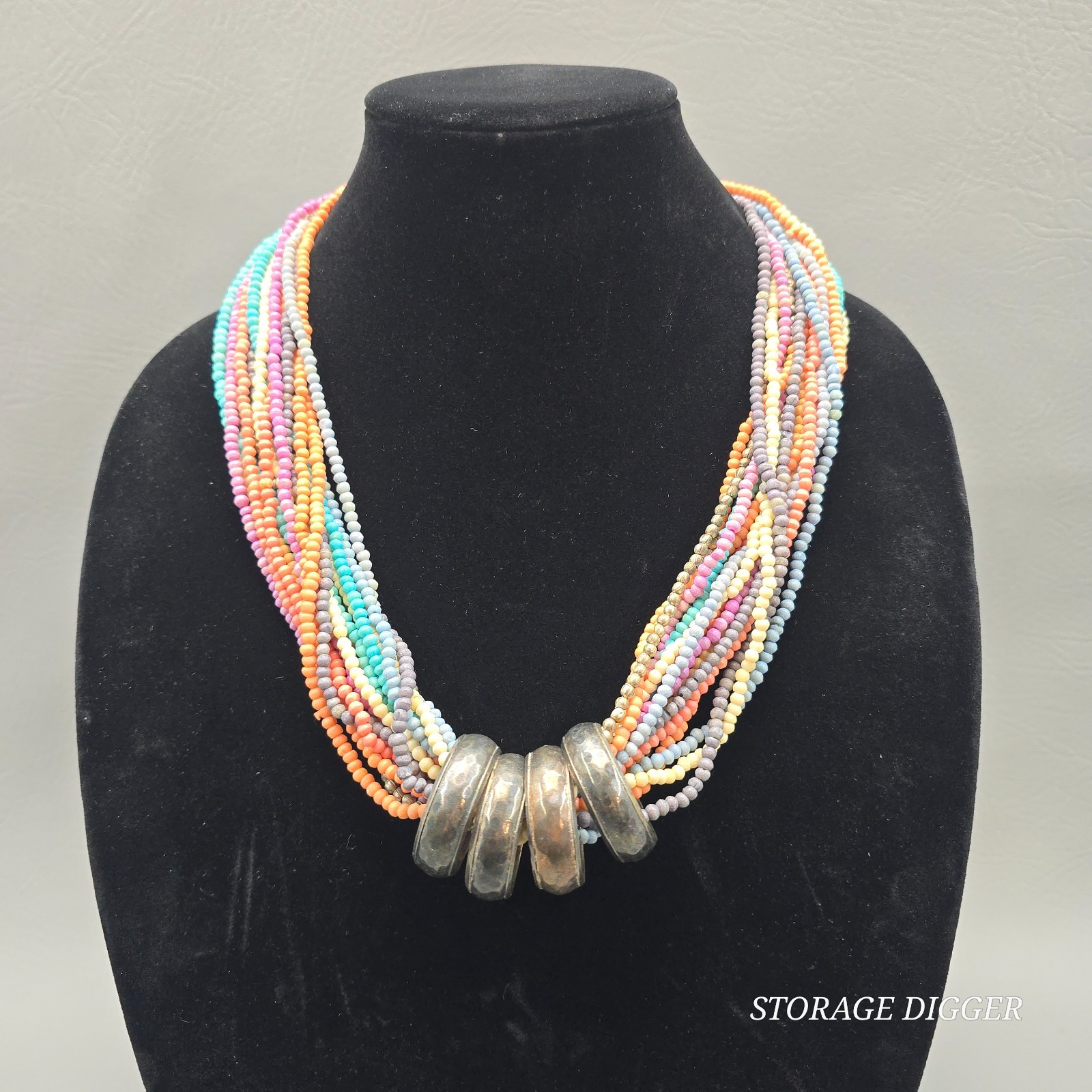 Vintage 19 Strand Multicolor Glass Beaded with Big Metal Rings Necklace 24″ Long