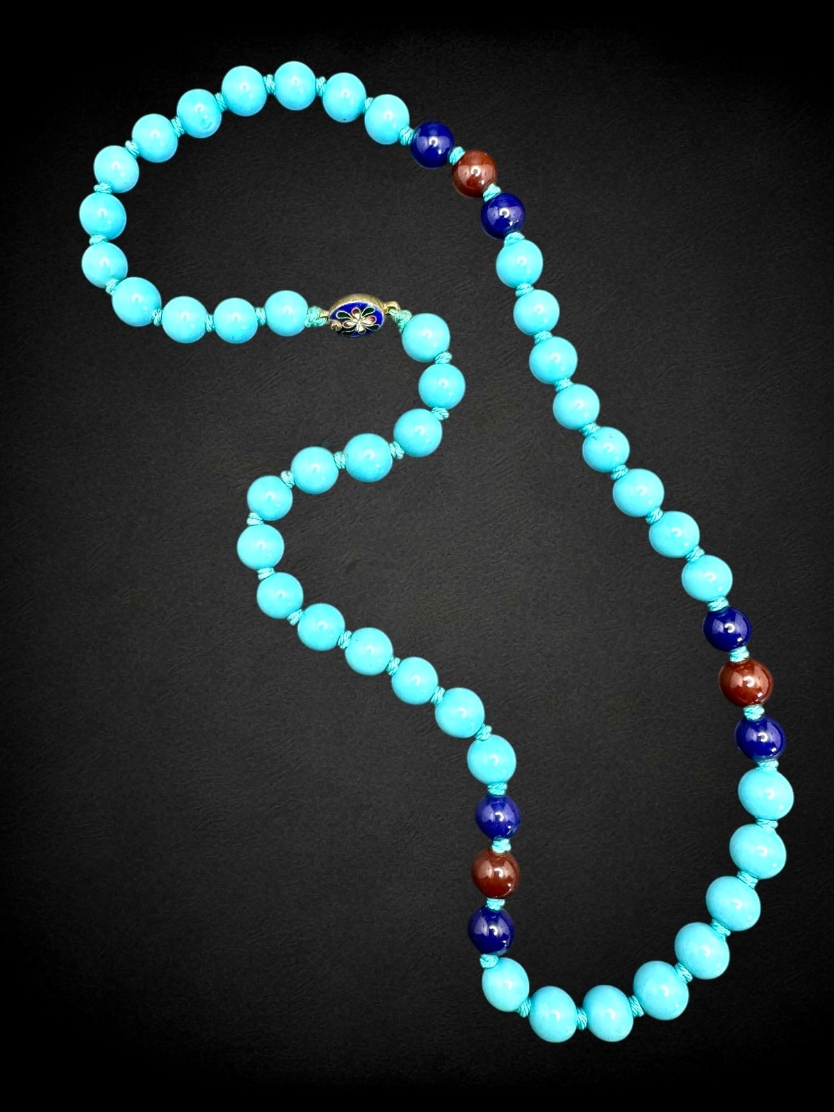 Vintage Turquoise Blue & Porcelainized Glass Bead Necklace w/ Cloisonné Clasp