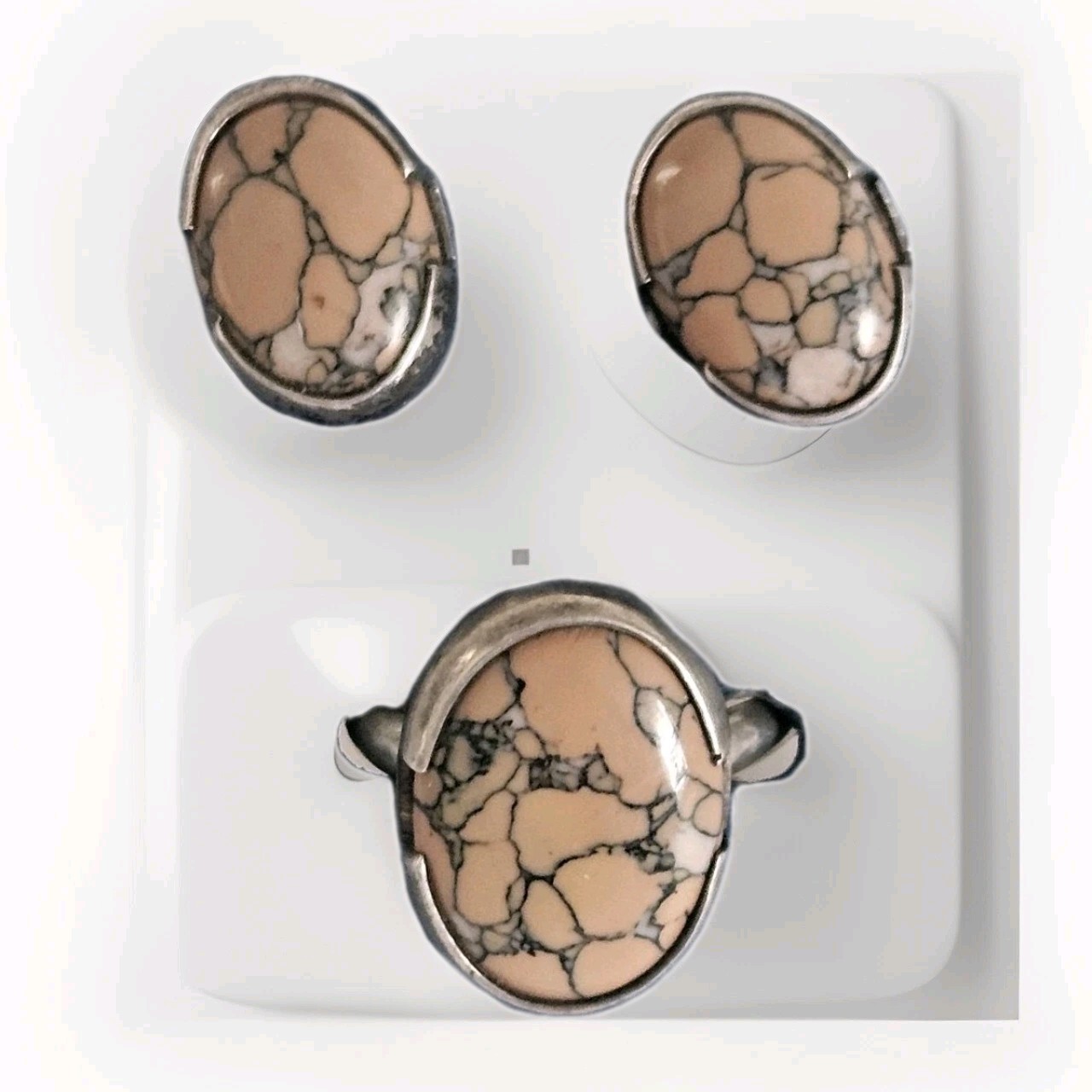 VTG Tortoise Shell Ring Earrings Sterling Silver 925 Jasper ATI Mexico Size 6.5