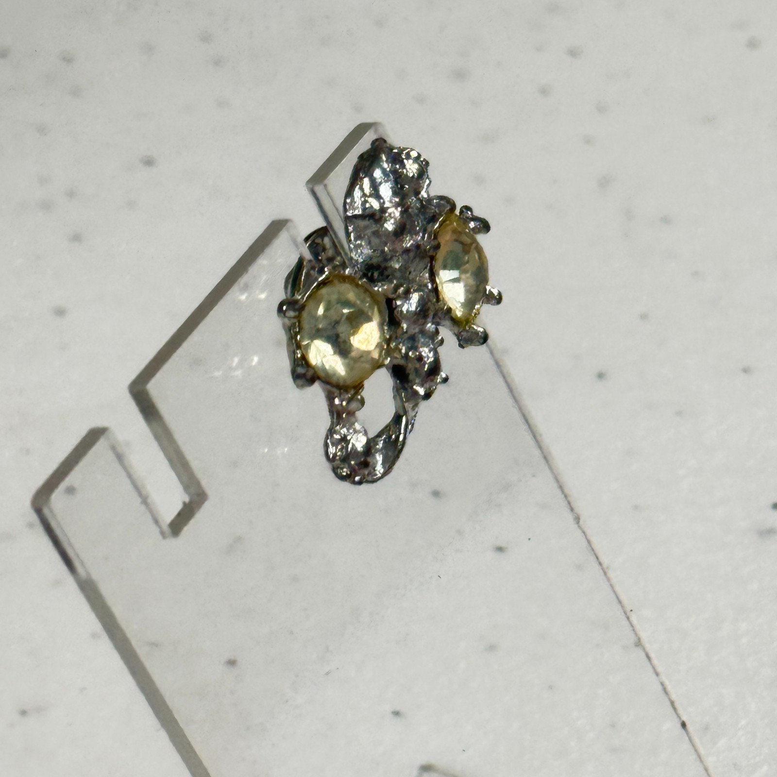 Vintage Brooch Abstract Brutalist Silver Tone Yellow Rhinestone Modernist Pin