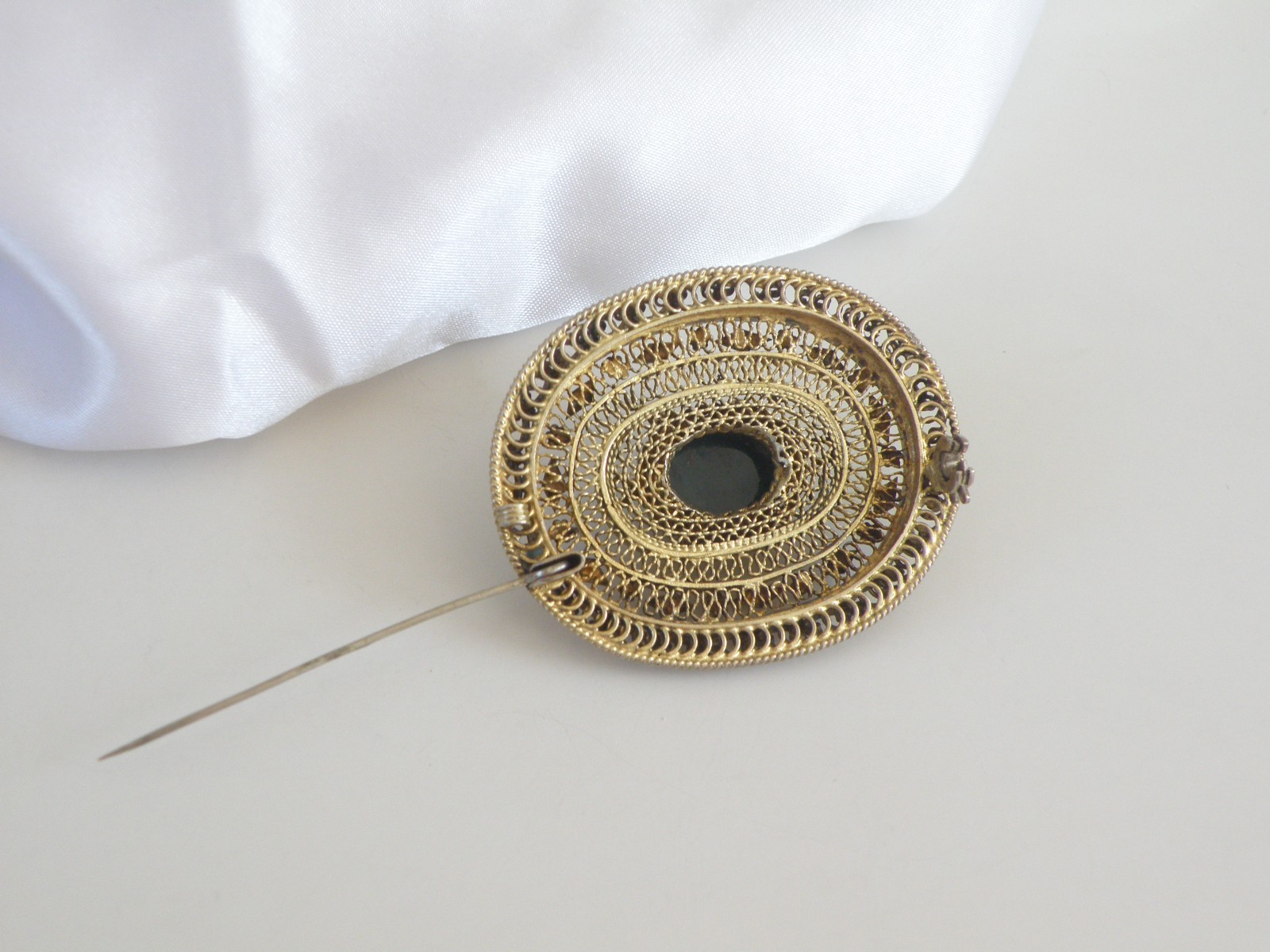 Vintage Silver Gold Plated Natura Bloodstone Large Filigree Brooch