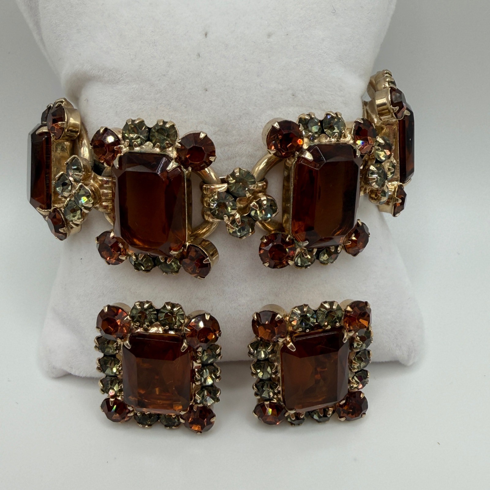 Juliana Elster & DeLizza VTG Smoky Topaz Rhinestone Bracelet and Earrings Set
