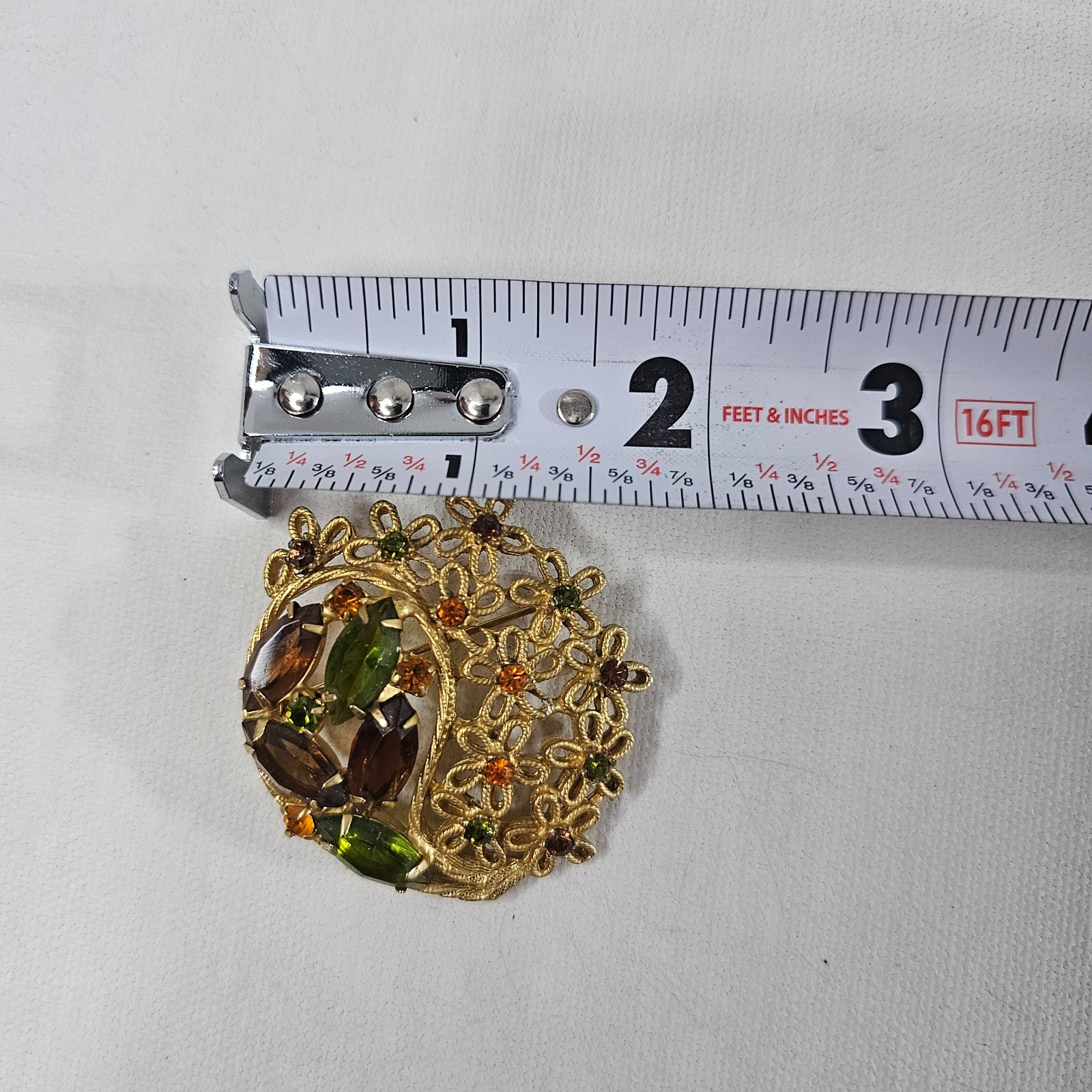 Gold Tone Floral Brooch Fall Colors Open Work Navette Rhinestone Unmarked Pin