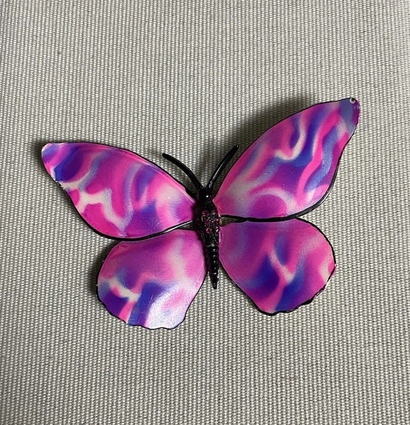 Vintage 1970s Tie-dye Enamel Butterfly Brooch Pin with Pink Rhinestones