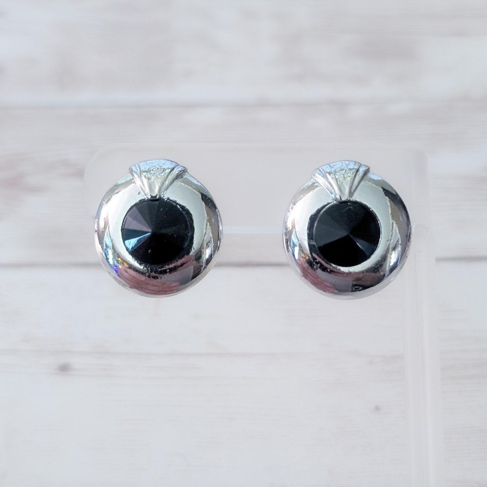 Vintage Stud Earrings Silver Tone with Faceted Black Gem