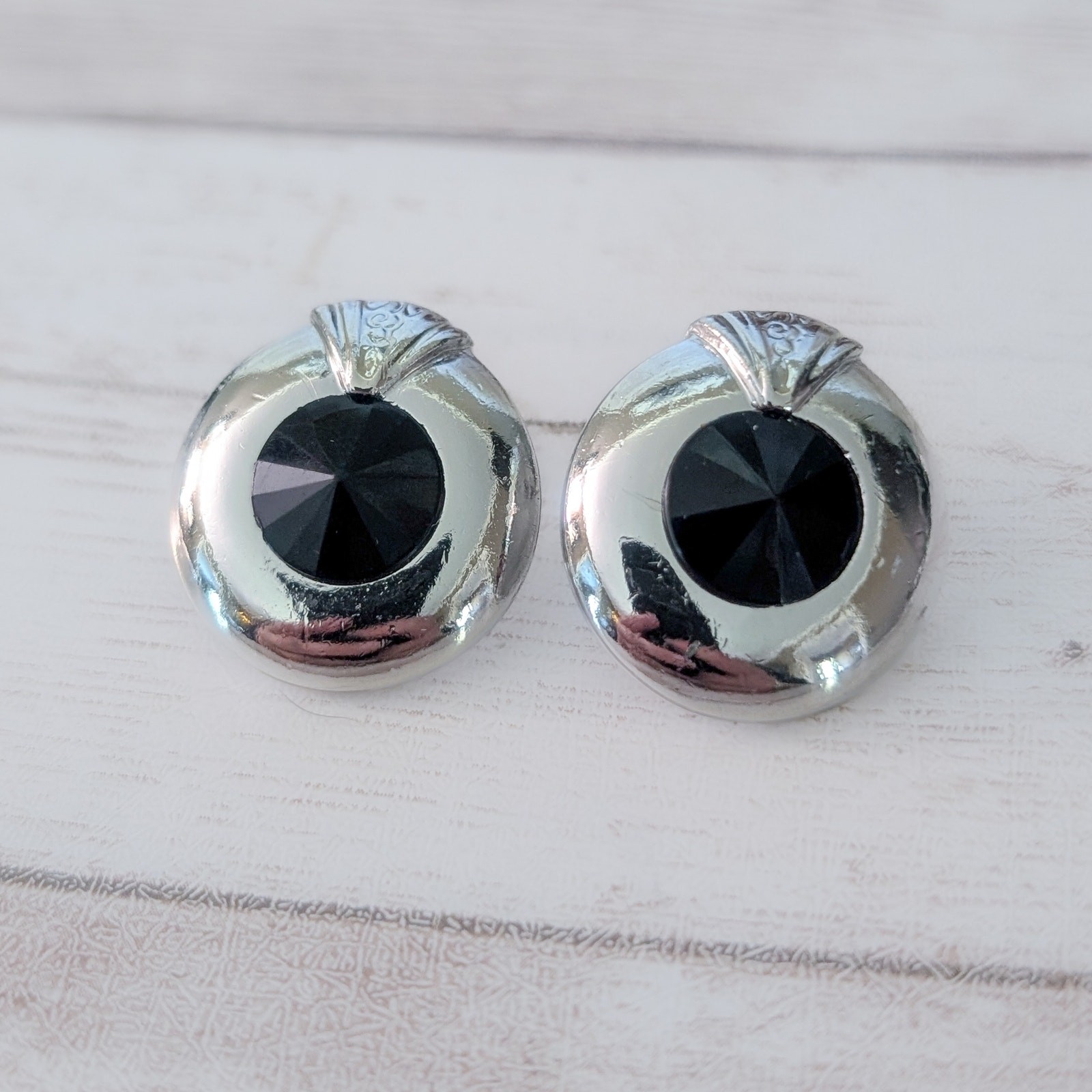 Vintage Stud Earrings Silver Tone with Faceted Black Gem