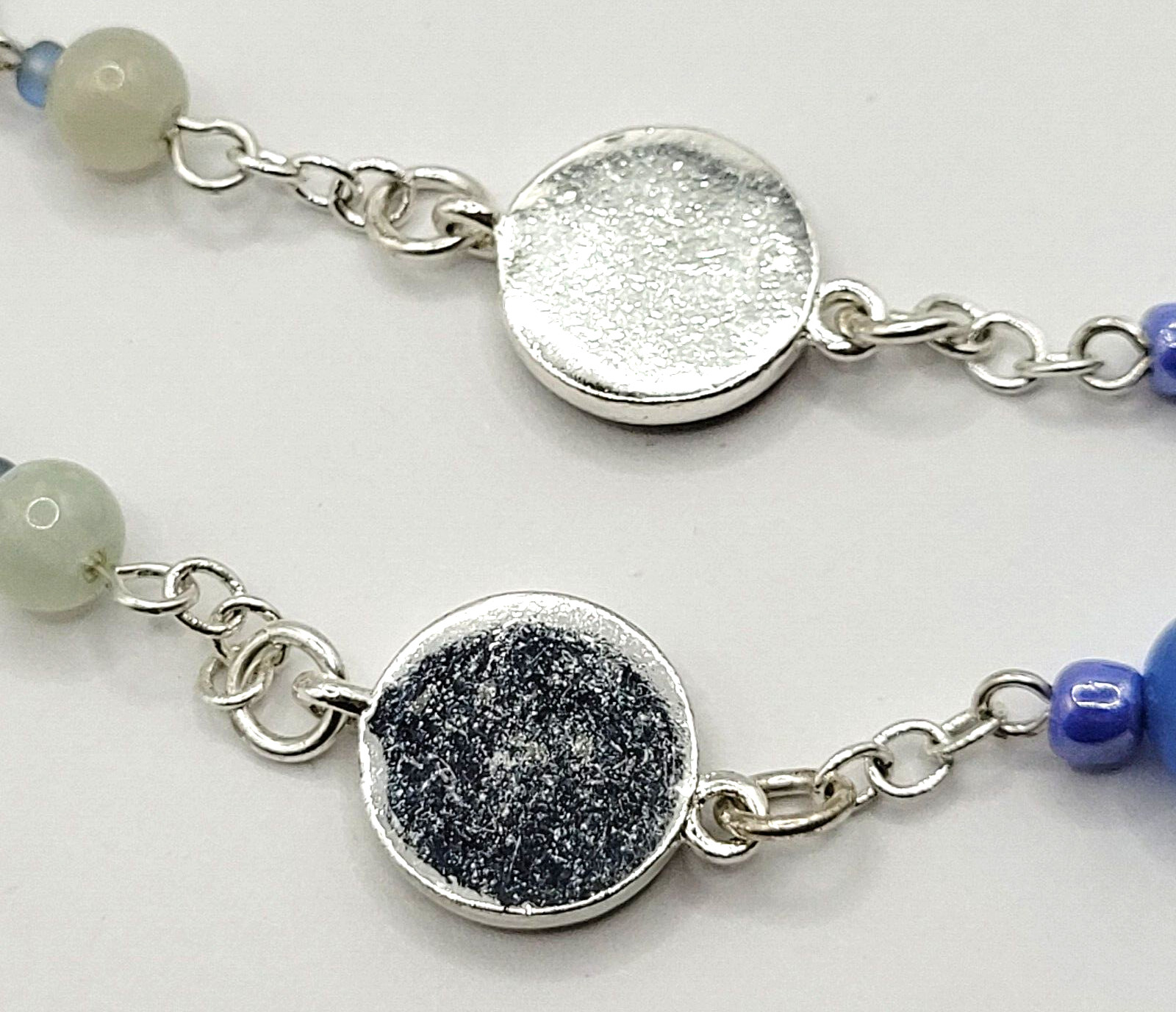 Blue & White Moonstone with Glass & Enamel Silver Tone Chain Necklace KR 24 Inch