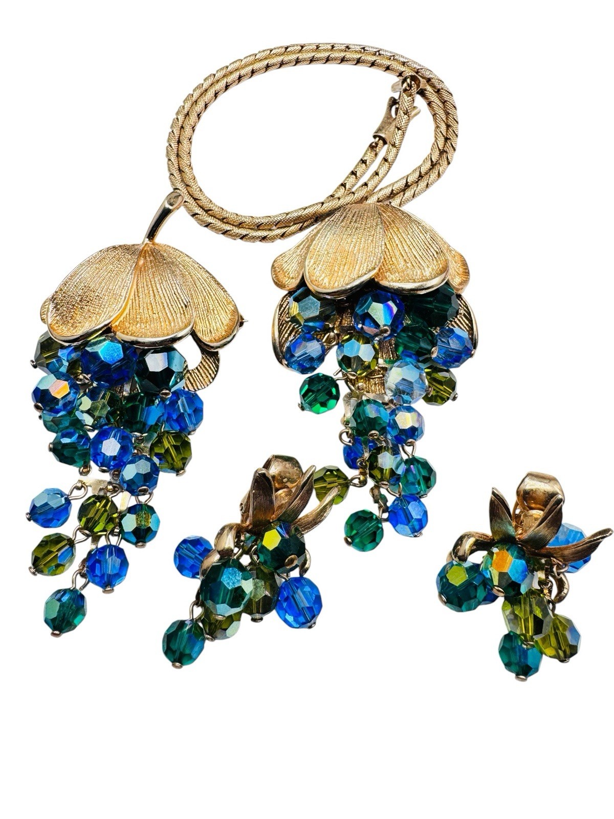 Vintage Schrager Blue Green AB Glass Dangle Bead Necklace Brooch Earrings Set