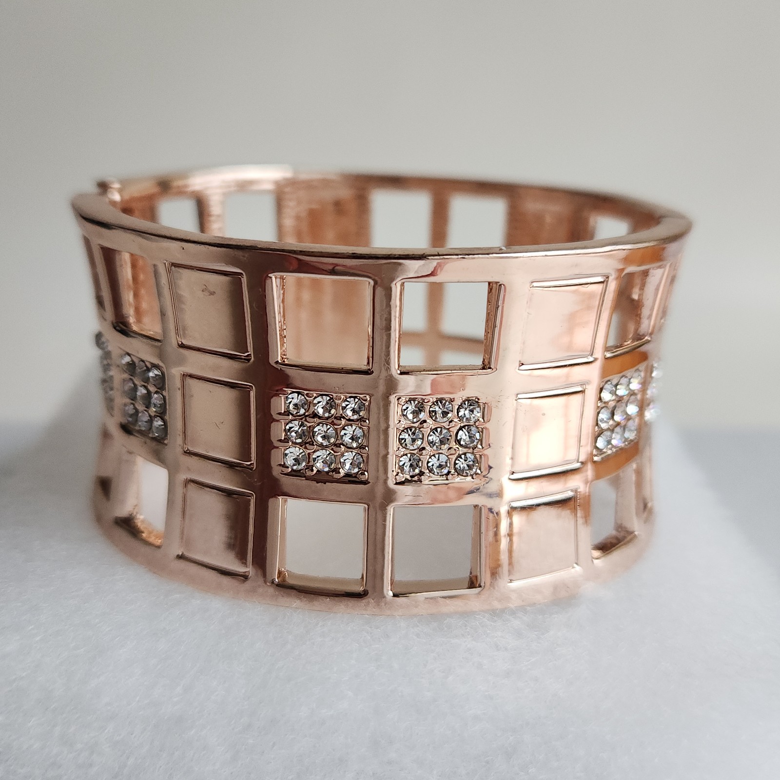 Rose Gold Tone Architectural Open Cuff Statement Bracelet Wide Modern 7″