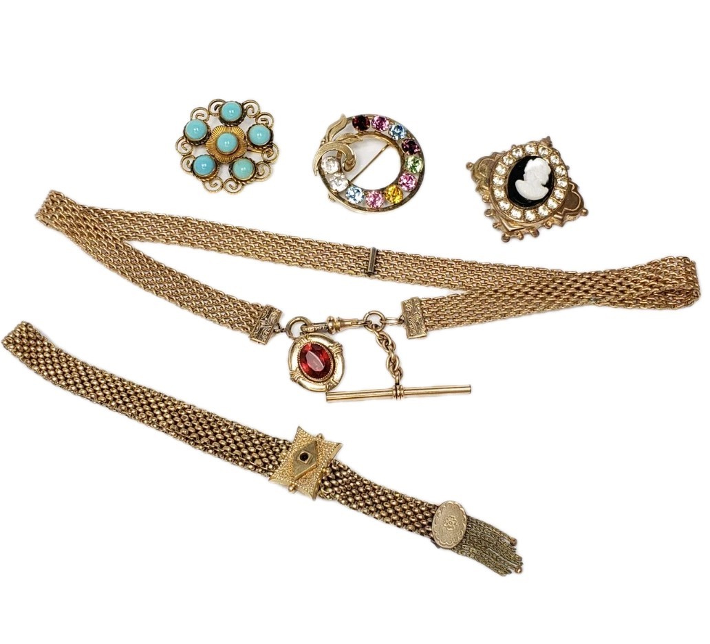 Antique Victorian Gold Filled Choker Watch Mesh Chain Necklace Bracelet Pin Lot