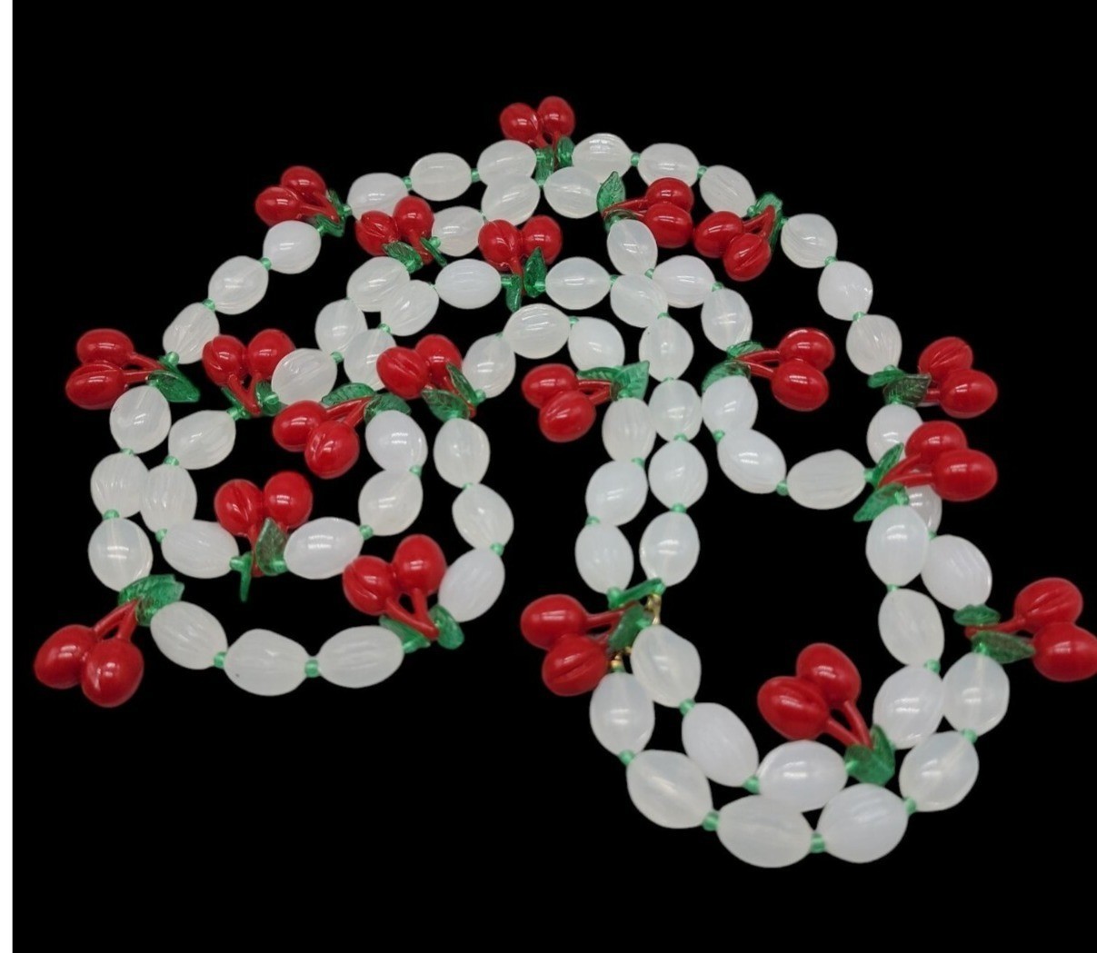 Lucite Cherry 34″ Necklace & 7″ Stretch Bracelet Red Cherries Translucent Beads