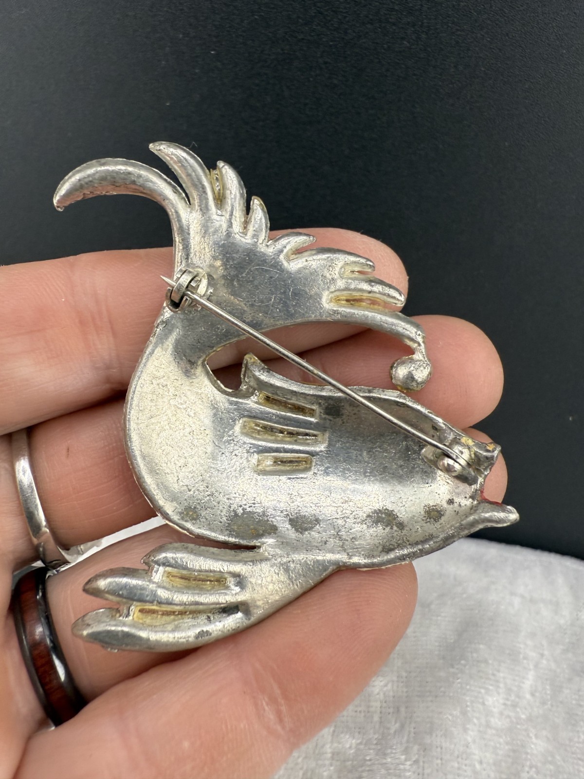 Vintage Pot Metal Brooch Fish Rhinestones Enamel READ