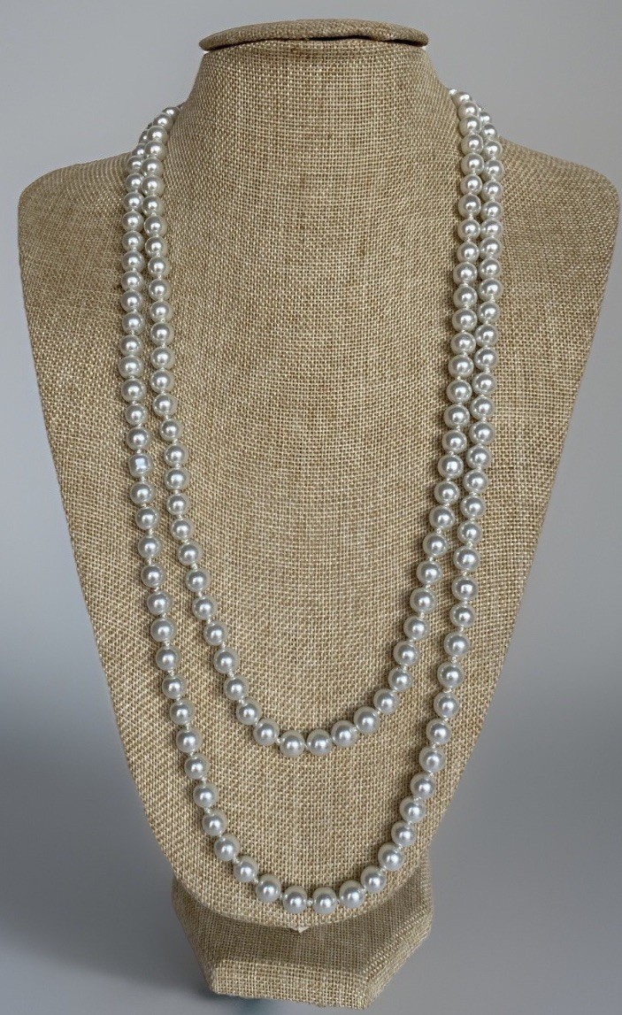 Vintage Rope Length Hand Knotted Faux Glass Pearl Necklace, 8mm Pearls, 56″