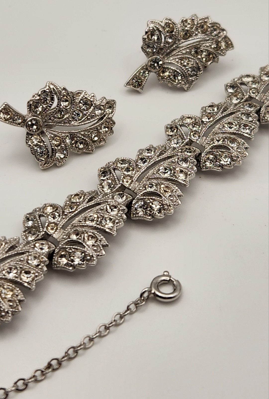 Vintage ORA Rhinestone Bracelet Clip Earrings Set Signed Silver Tone Bridal Glam