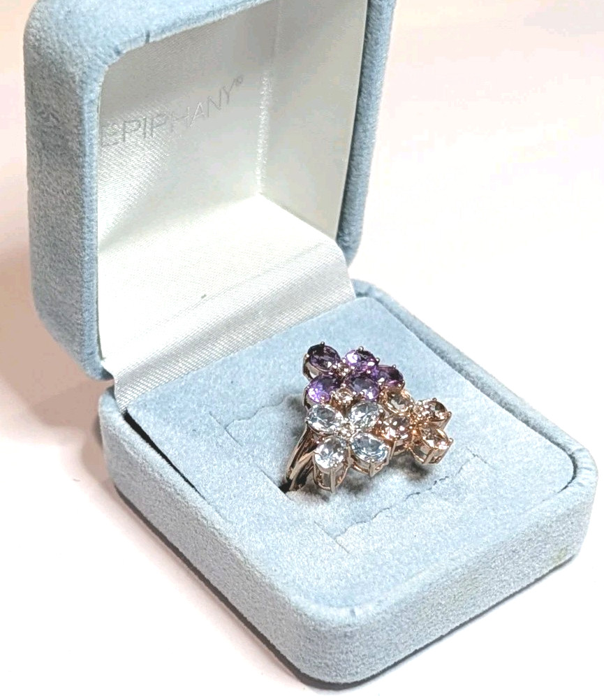 BEAUTIFUL ESTATE STERLING SILVER PRONG SET MULTI STONE CLUSTER RING SIZE 6