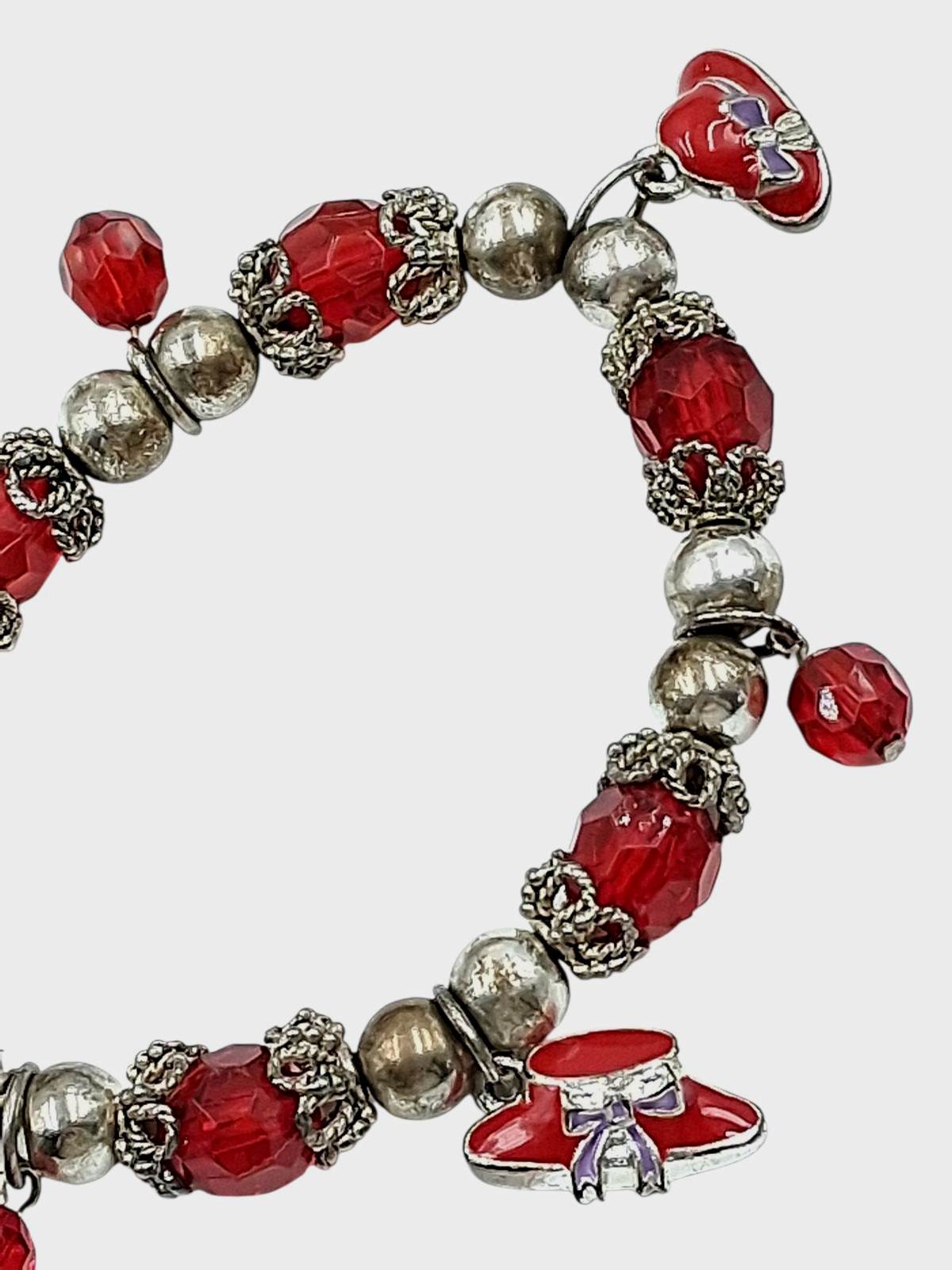 Red Hat Society Stretch 7″ Bracelet Red & Silver Beads Enamel Hat Charms Vintage