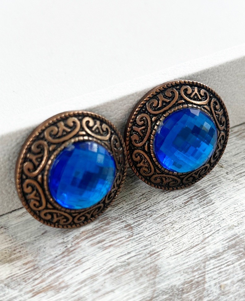 Vintage 80s Statement Clip On Earrings Blue Acrylic Stone Copper Tone Retro Bold