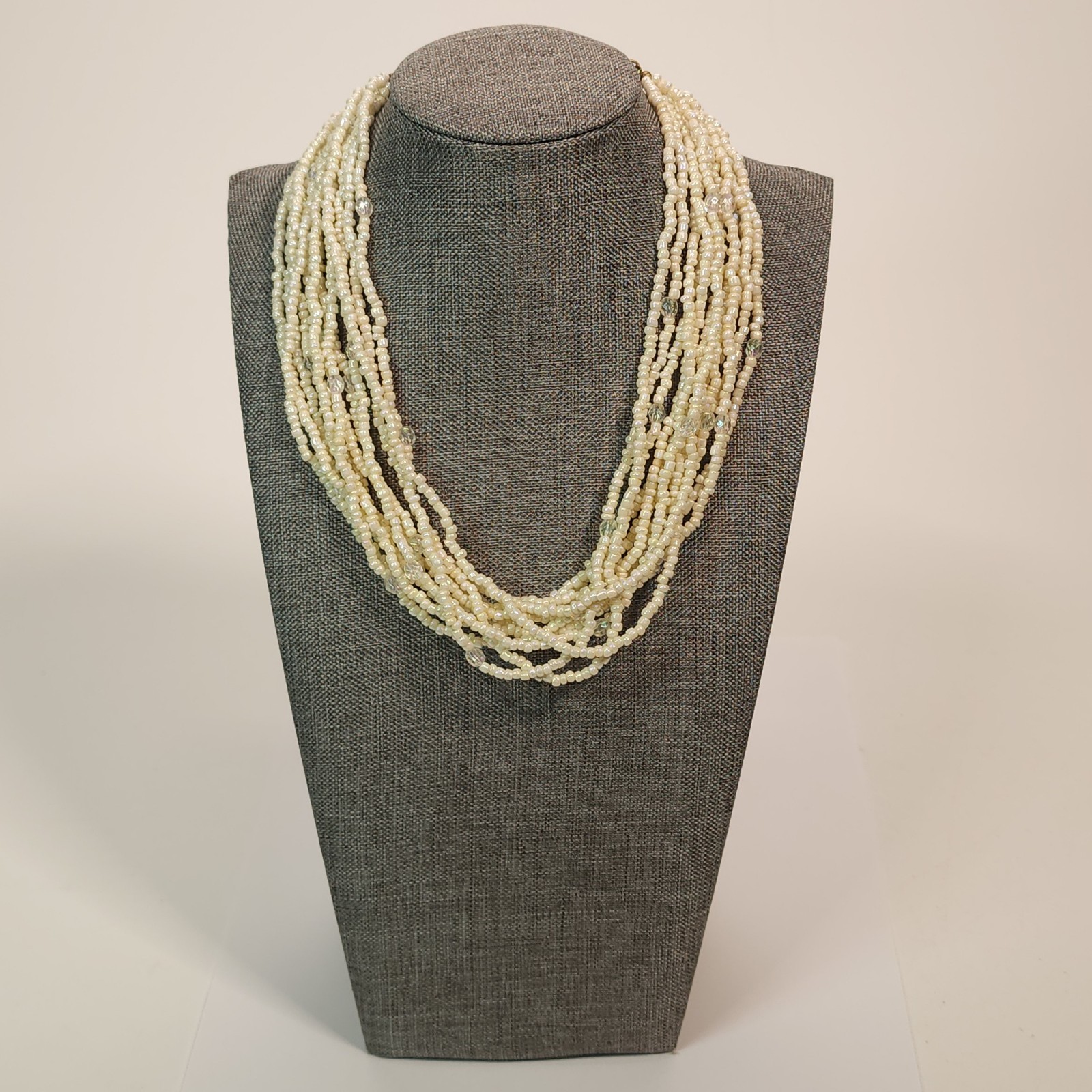 Vintage Multistrand Cream Color Seed and Faceted Bead Necklace Adjustable 15/17″