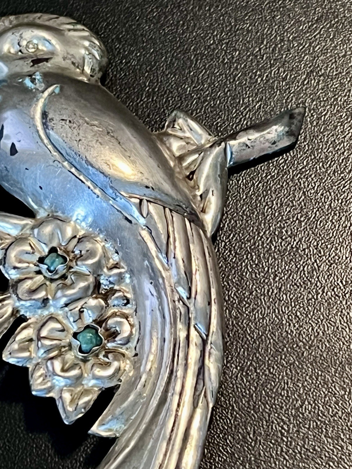 Vintage Sterling Silver Turquoise Beads Parrot Bird Brooch Mexico 4.5″!