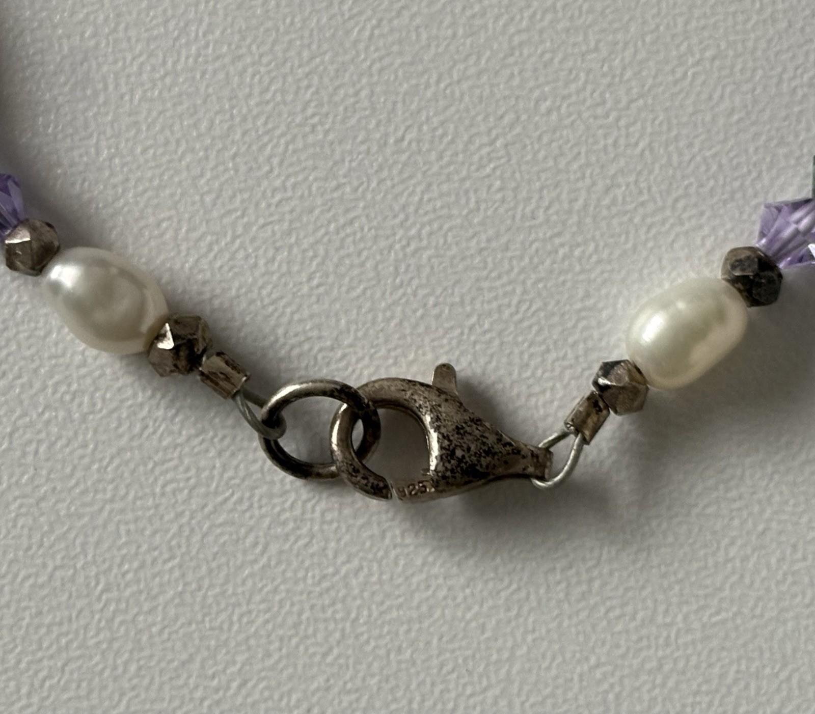 Vintage 925 Sterling Silver Teal and Purple Crystal, Pearl, Bead 7.25” Bracelet