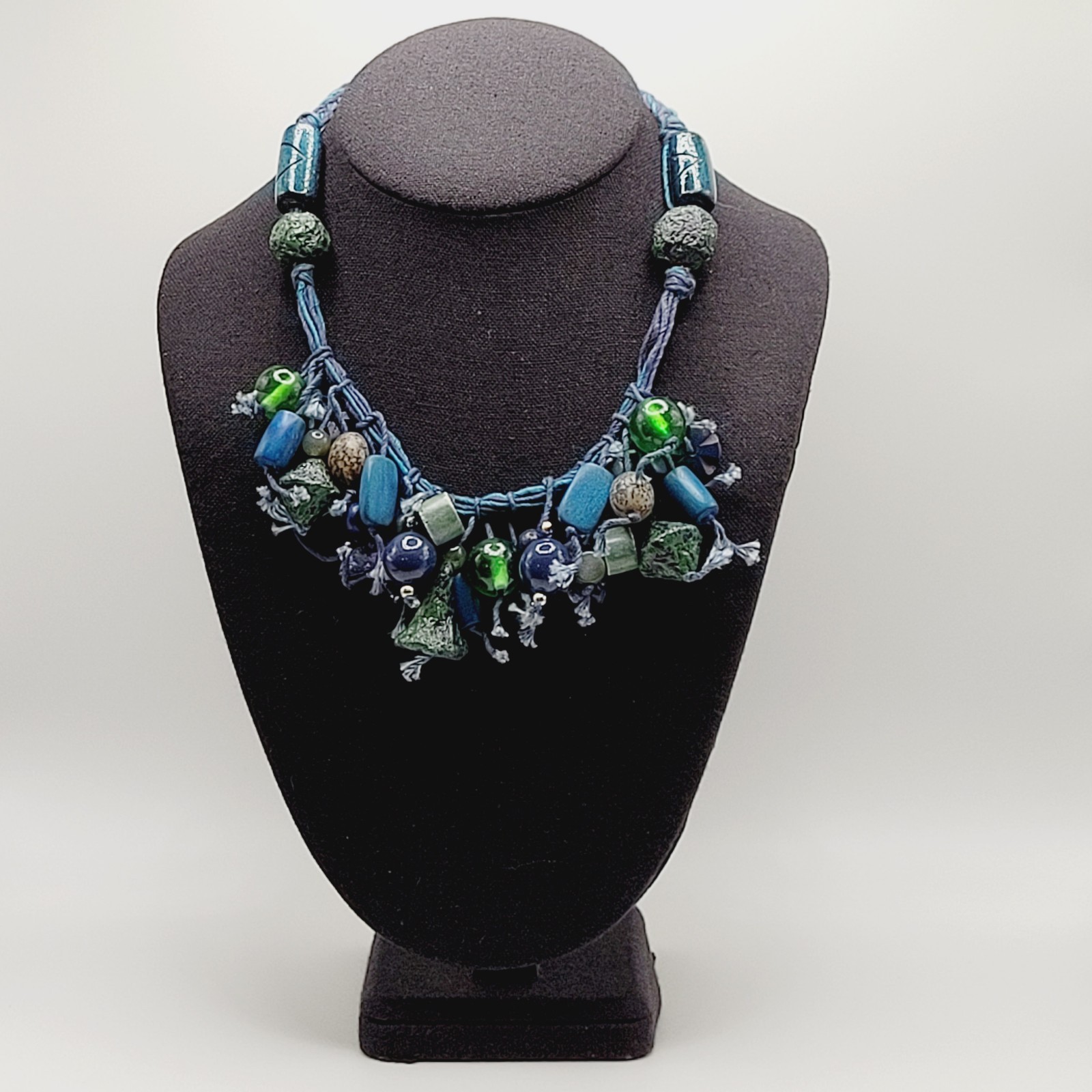 Eclectic Artsy Artisan Braided Cotton Mixed Material Beaded Vintage Necklace