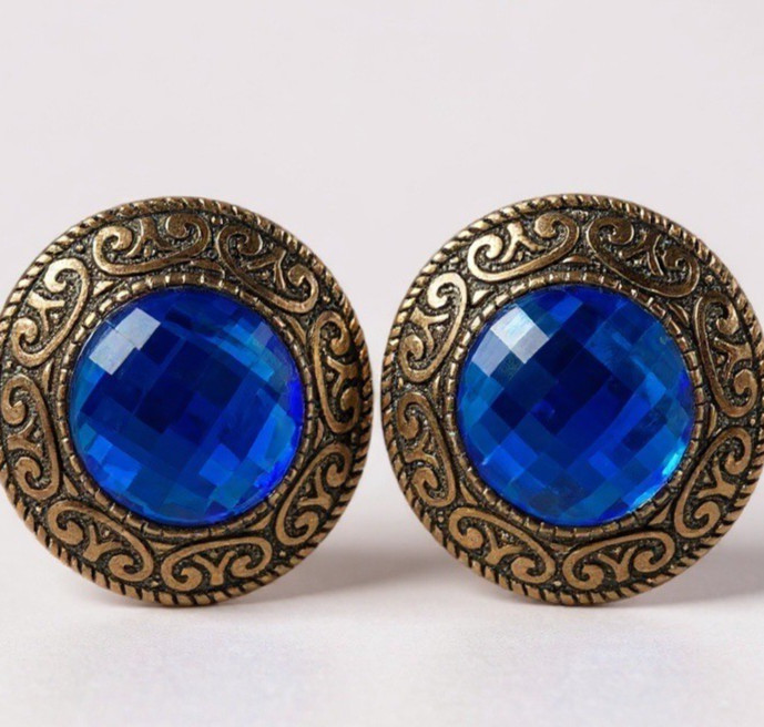 Vintage 80s Statement Clip On Earrings Blue Acrylic Stone Copper Tone Retro Bold