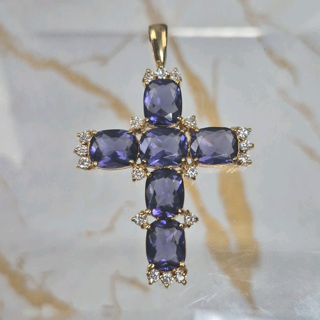 Vintage Sterling Silver 925 Gold Plated Cross Pendant Faceted Purple Stones Jtv