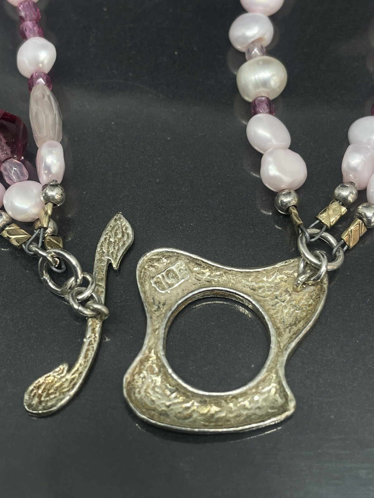 Vintage Sterling Toggle White Pearls Pink Purple Lucite Beads 3 Strands Necklace