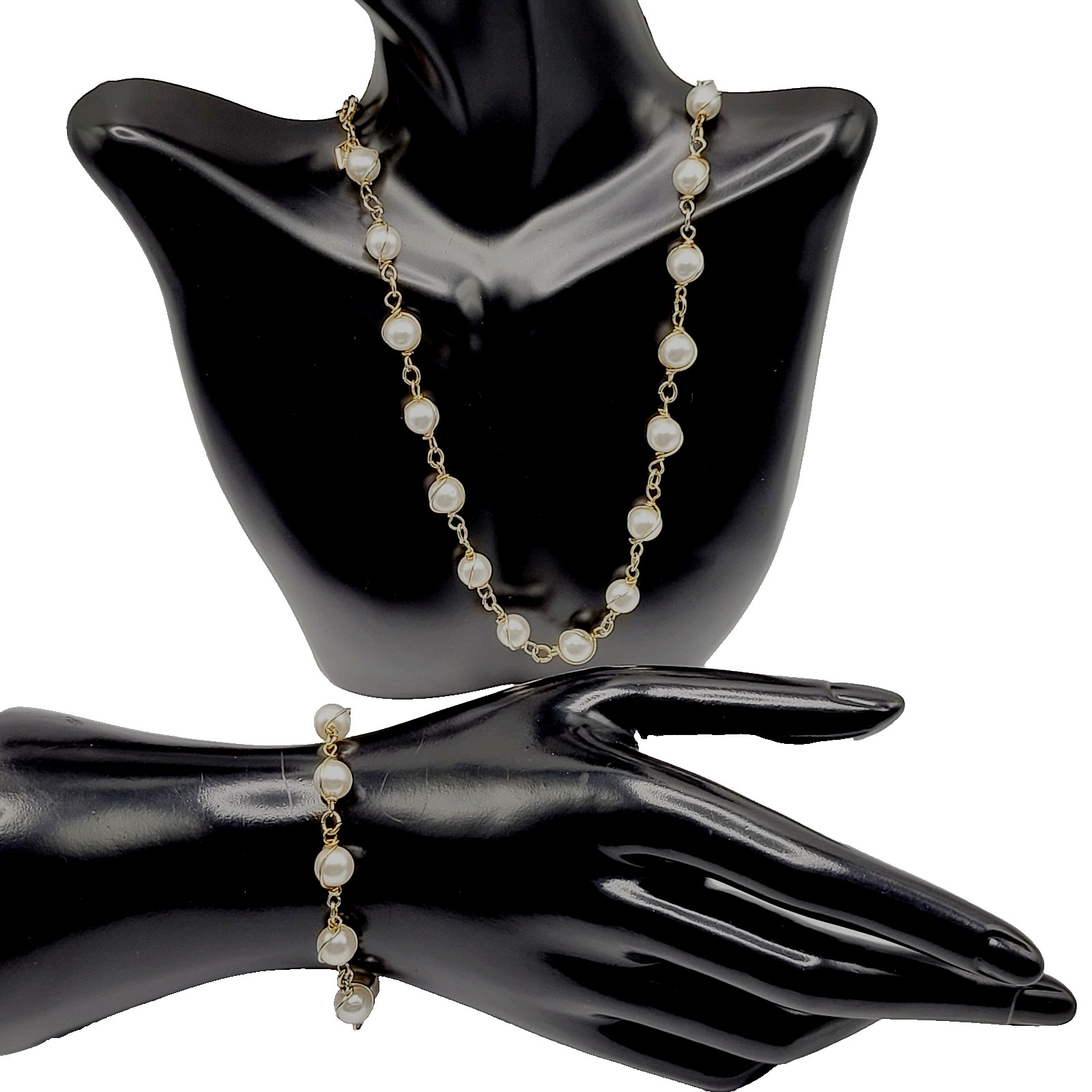 Sarah Coventry Faux Pearl Caged Style Bracelet 7.25 in Necklace 16 in Vtg Signed