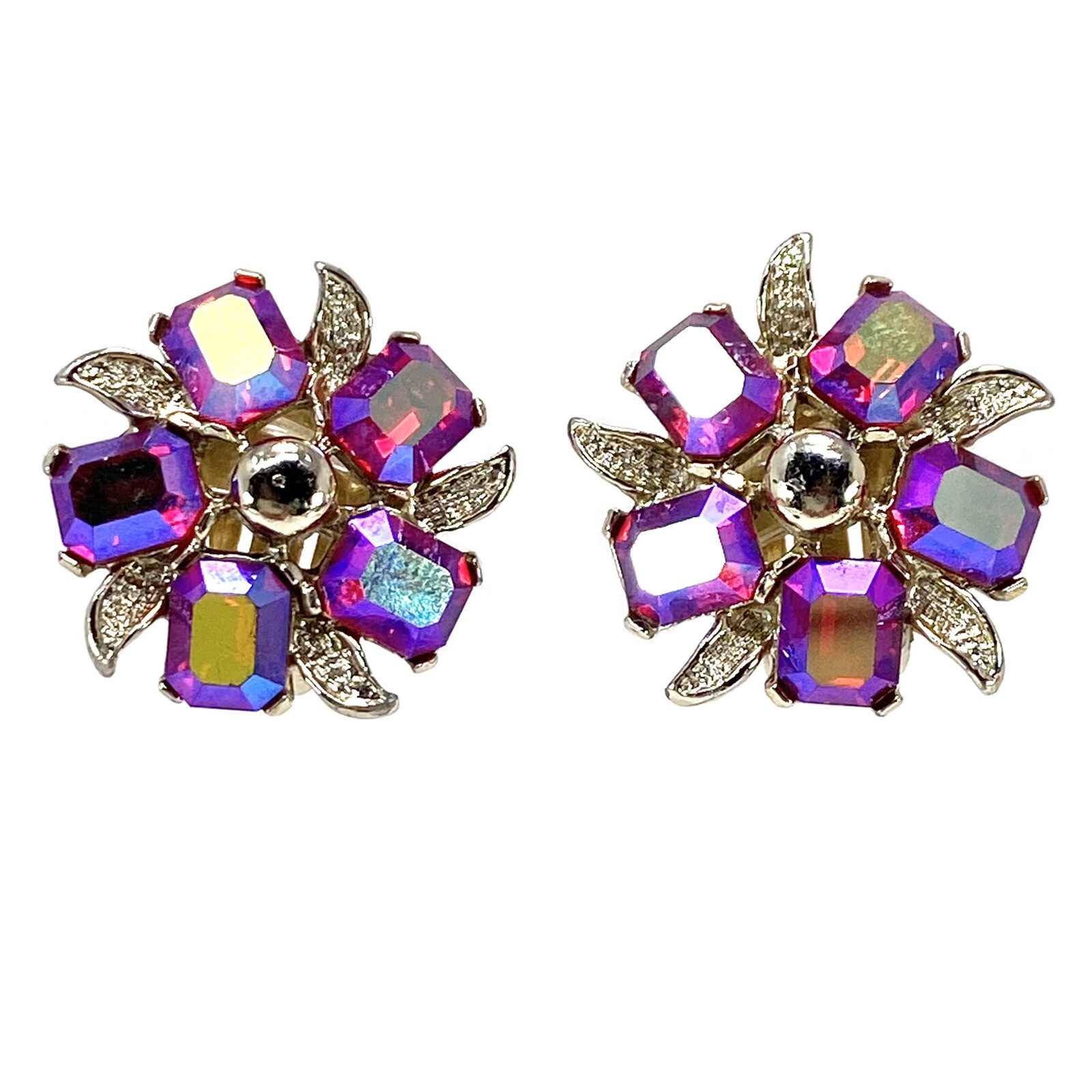 Vtg KRAMER Red Pink Fuchsia AB Crystal Clip Earrings Floral Starburst Shape