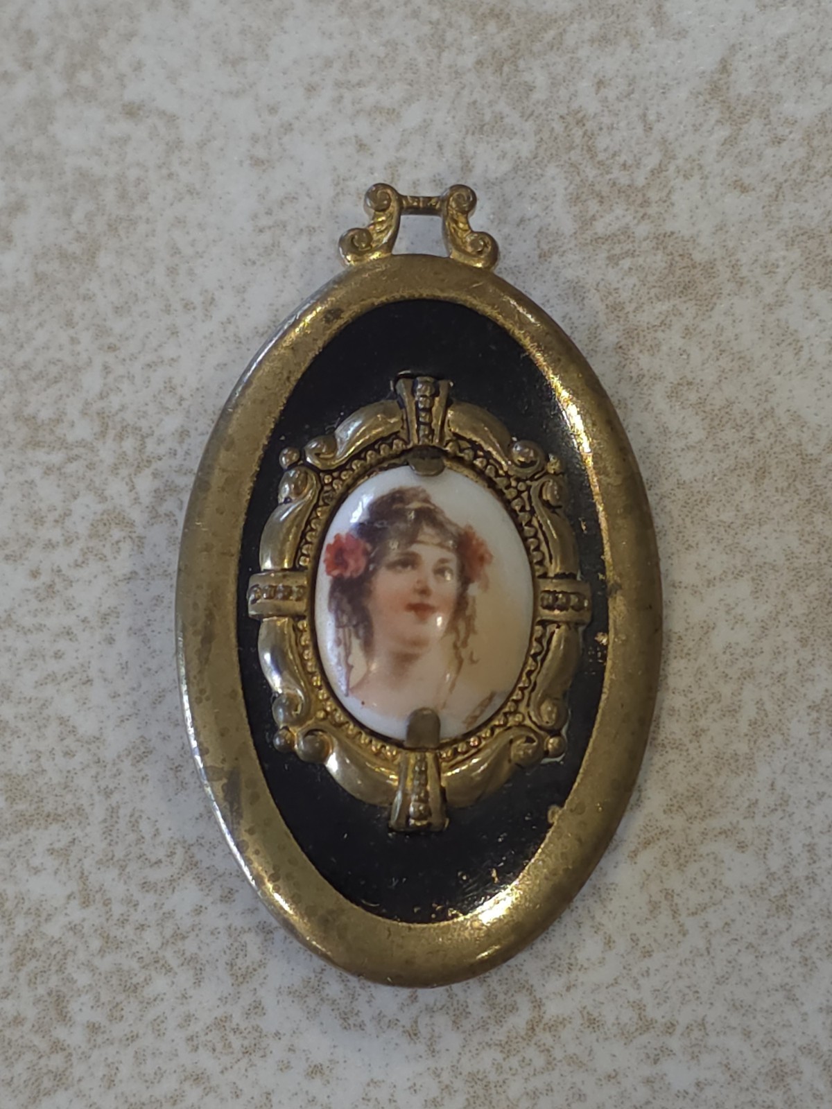 Antique Portrait Art Nouveau Victorian Women Converted Brooch Pin Brass Enamel