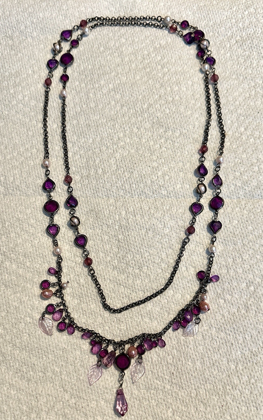 Vintage Purple White Pink Multi Shape Size Beaded Black Chain 48” Necklace
