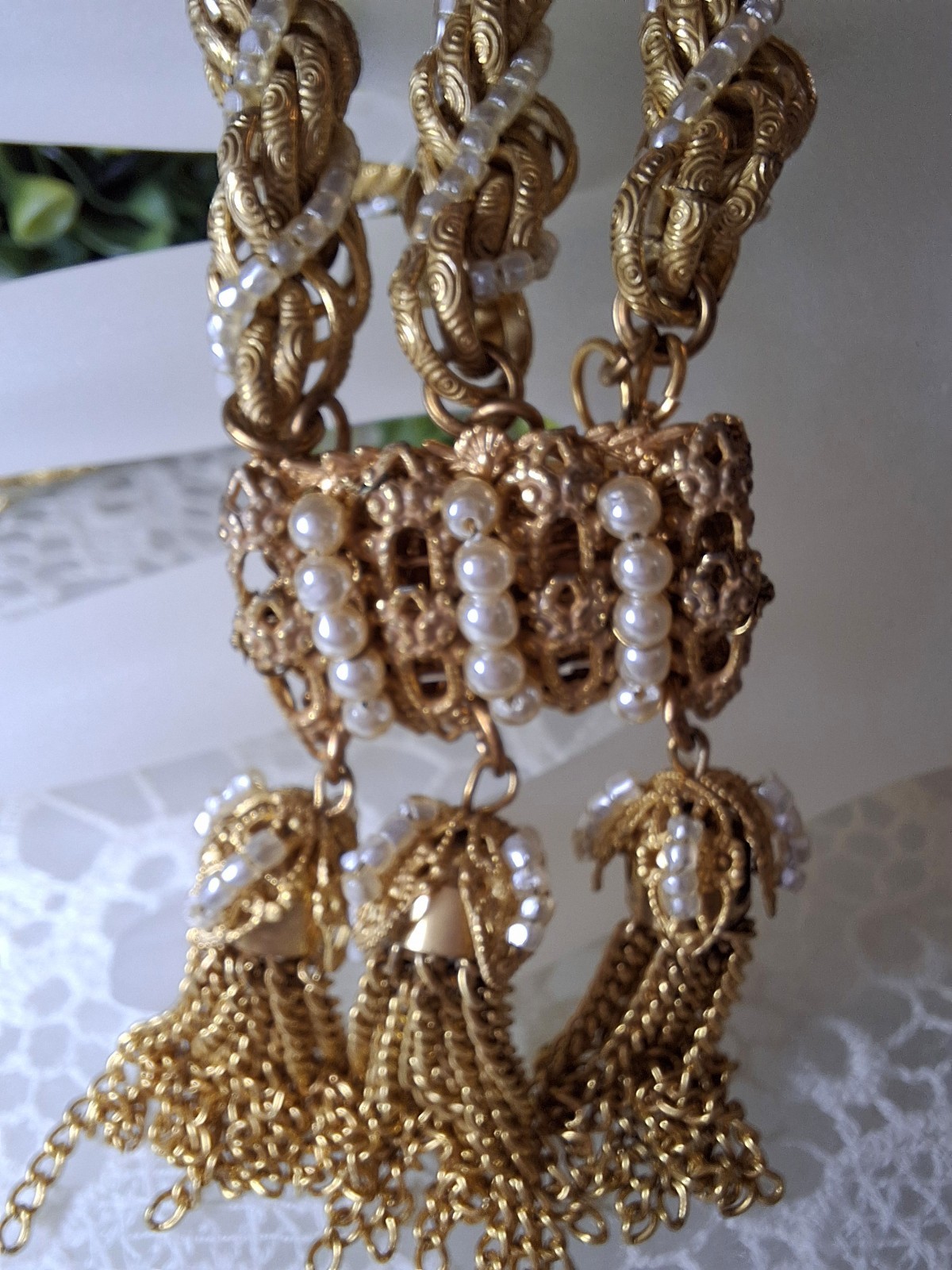 Frilly Miriam Haskell Russian Gold Chain & Seed Pearl Tassel Bracelet