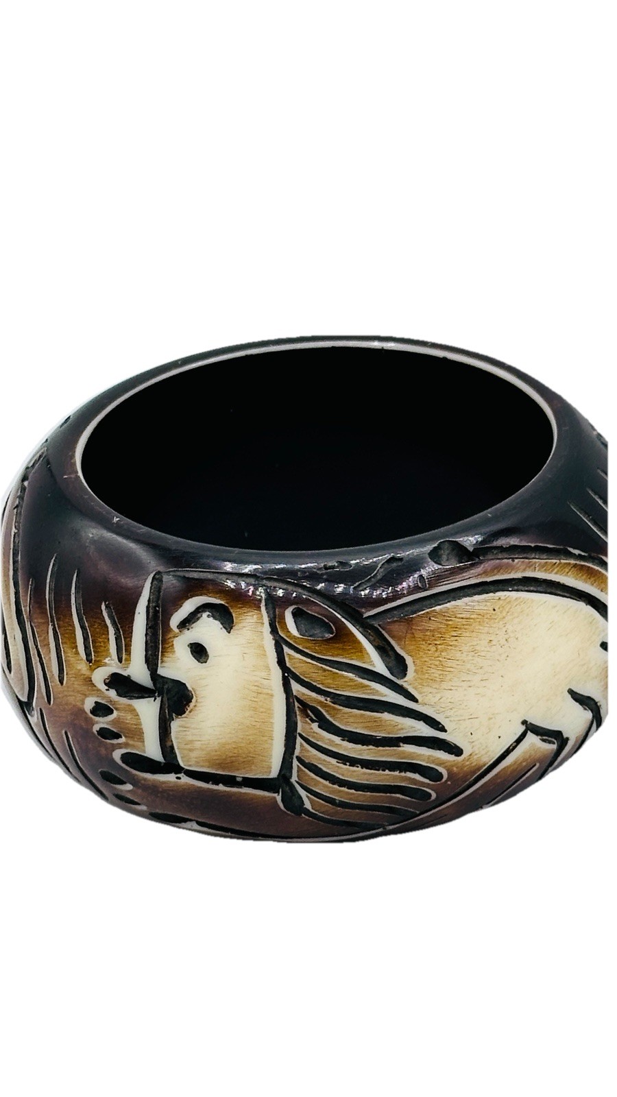 Vintage Wide Carved Bangle Bracelet Tribal Safari Animal Brown Cream Statemen