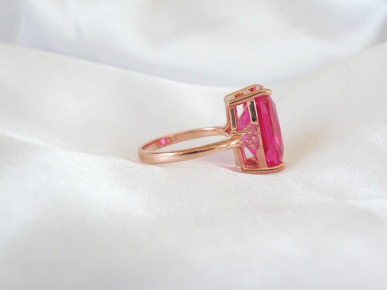Sterling Silver 925 Rose Gold Large Lab Created Pink Sapphire Ruby Ring Size 10