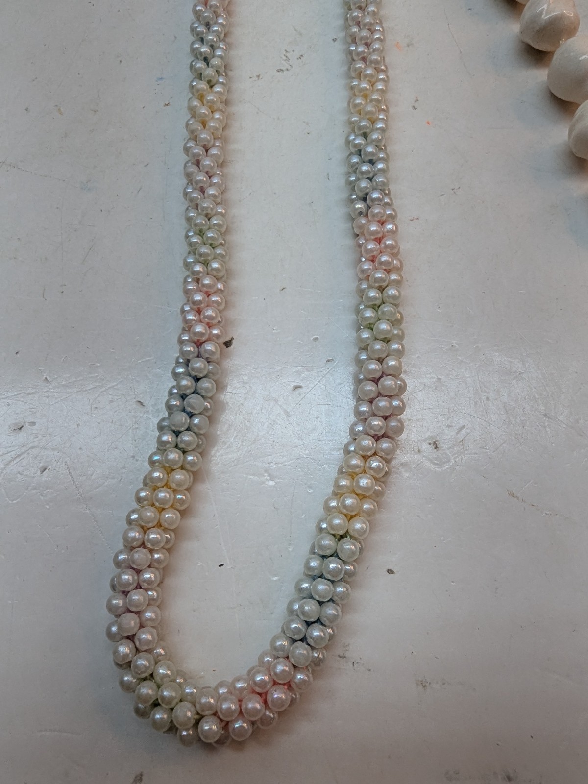 LOT OF 2 White Necklace Cluster Popcorn Twisted Faux Pearl and Seashell Beads