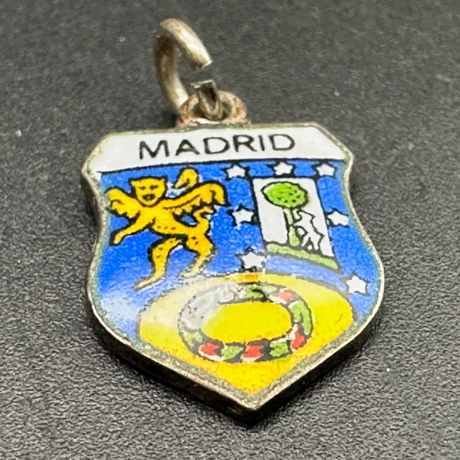 VINTAGE ENAMEL MADRID SPAIN SHIELD CHARM ESPANA COAT OF ARMS Marked 800 1cm