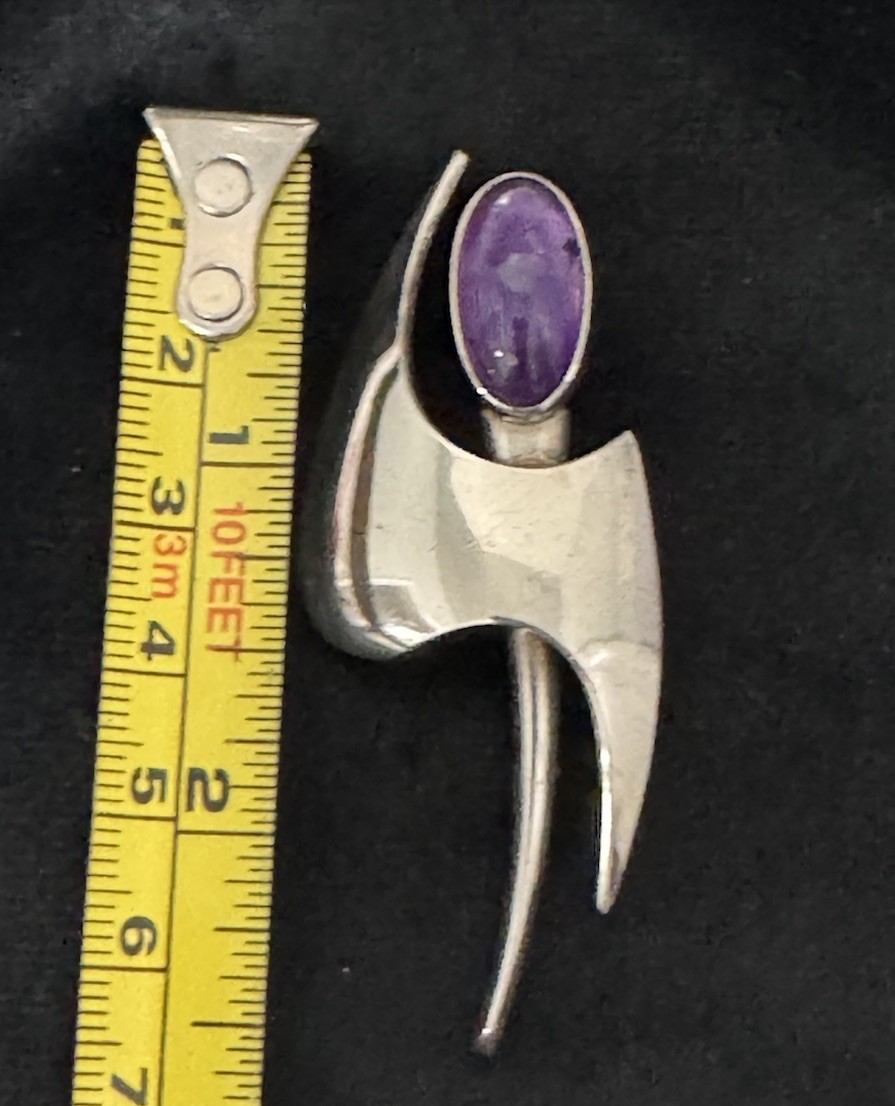 Vintage N.E. From Denmark Sterling Silver & Amethyst Cabochon Modernist Brooch