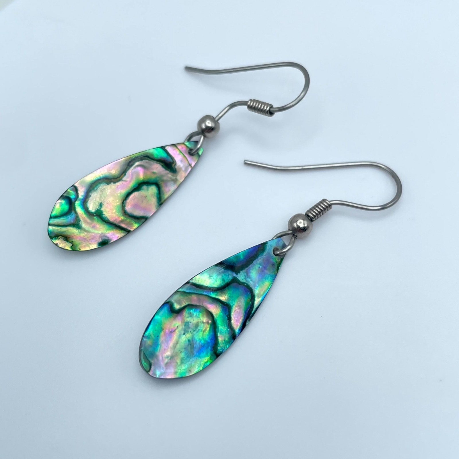 Vintage Silver-Tone Iridescent Paua Abalone Shell Teardrop Drop Hook Earrings