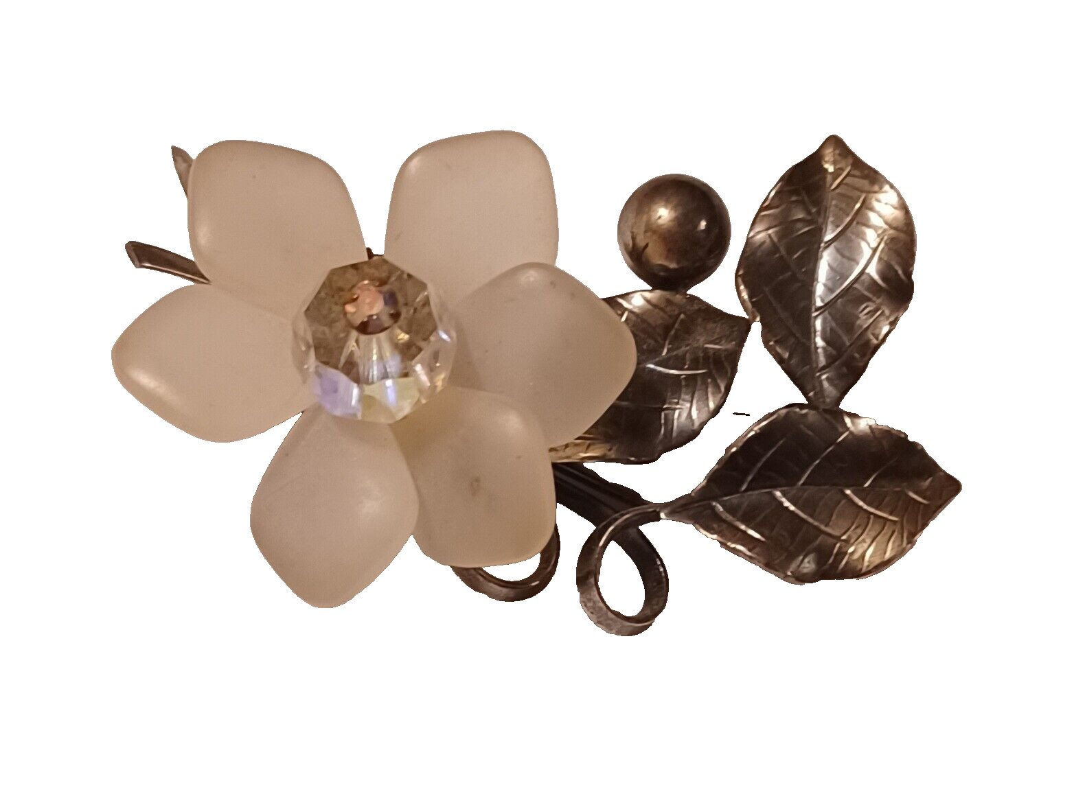 Vintage Frosted Lucite Flower Brooch Pin Crystal Stone Center Pewter Tone Metal