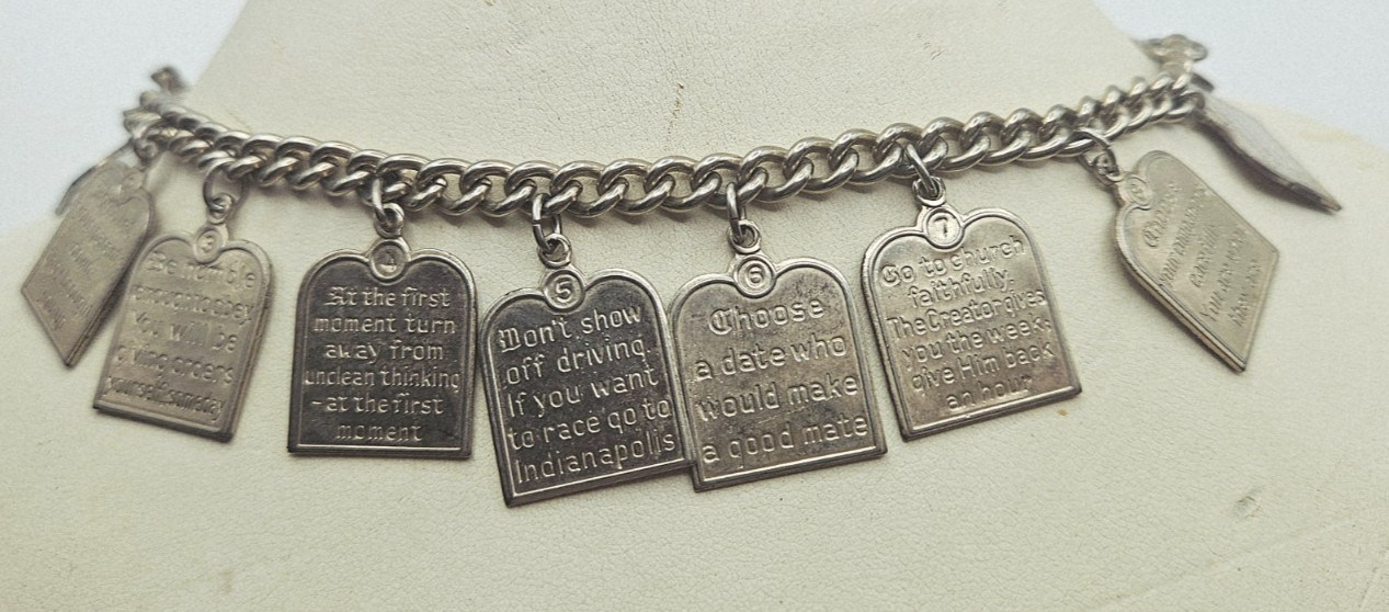 RARE Vintage 10 Teen Commandments Charm Bracelet Silvertone 1950s Paul Anka Song