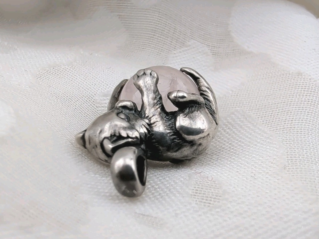 Vintage Sterling Silver Cat Rose Quartz Orb Ball Pendant 1″
