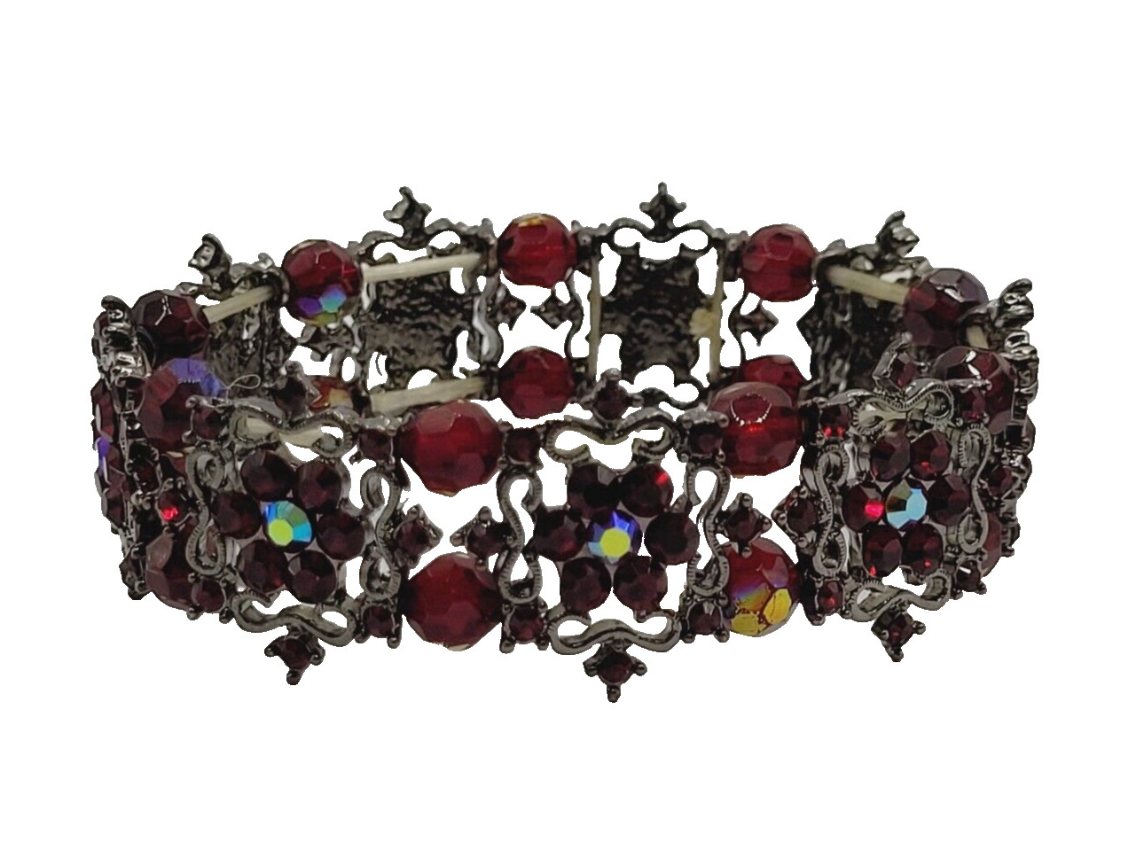 Red AB Crystal Sparkle Flower Floral Metal Ornate Fancy Event Stretch Bracelet