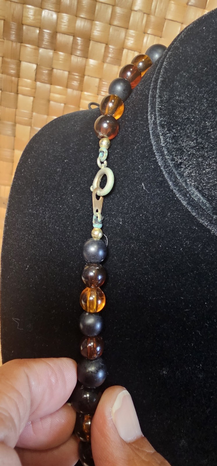 Vintage Lucite Amber And Black Beaded Different Shapes Necklace
