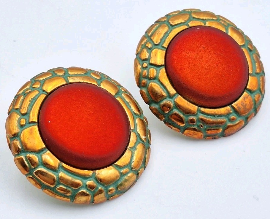 VTG Lg Chunky Statement Button Matte Cabochon Pierced Earrings Southwestern 80’s