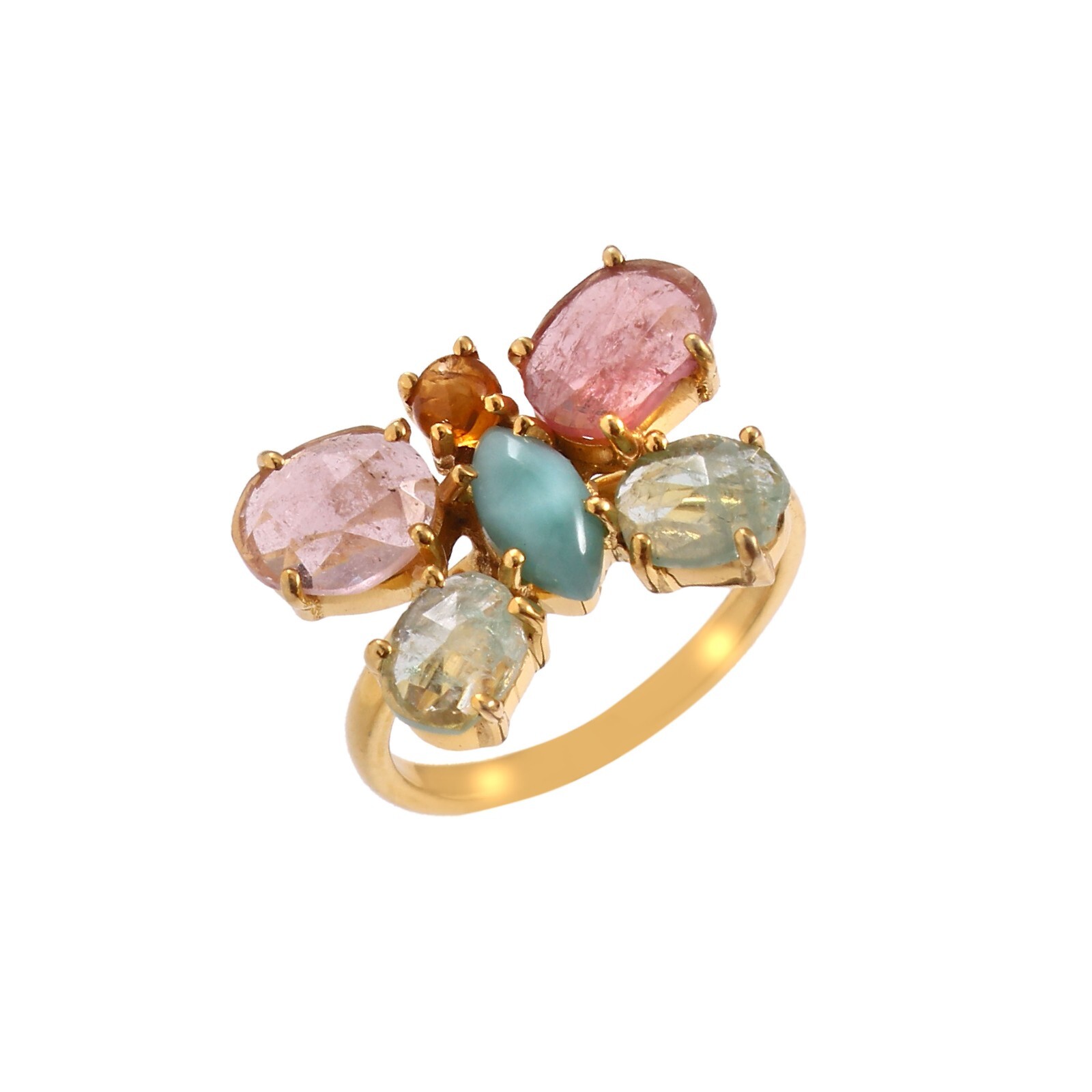 Natural Tourmaline & Larimar Butterfly Ring 925 Sterling Silver Handmade Ring
