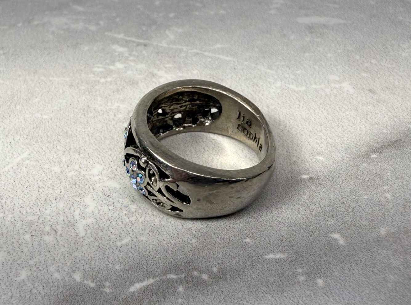 Lia Sophia Garden Party Silver Tone Blue AB Rhinestone Flower Ring Size 7.5